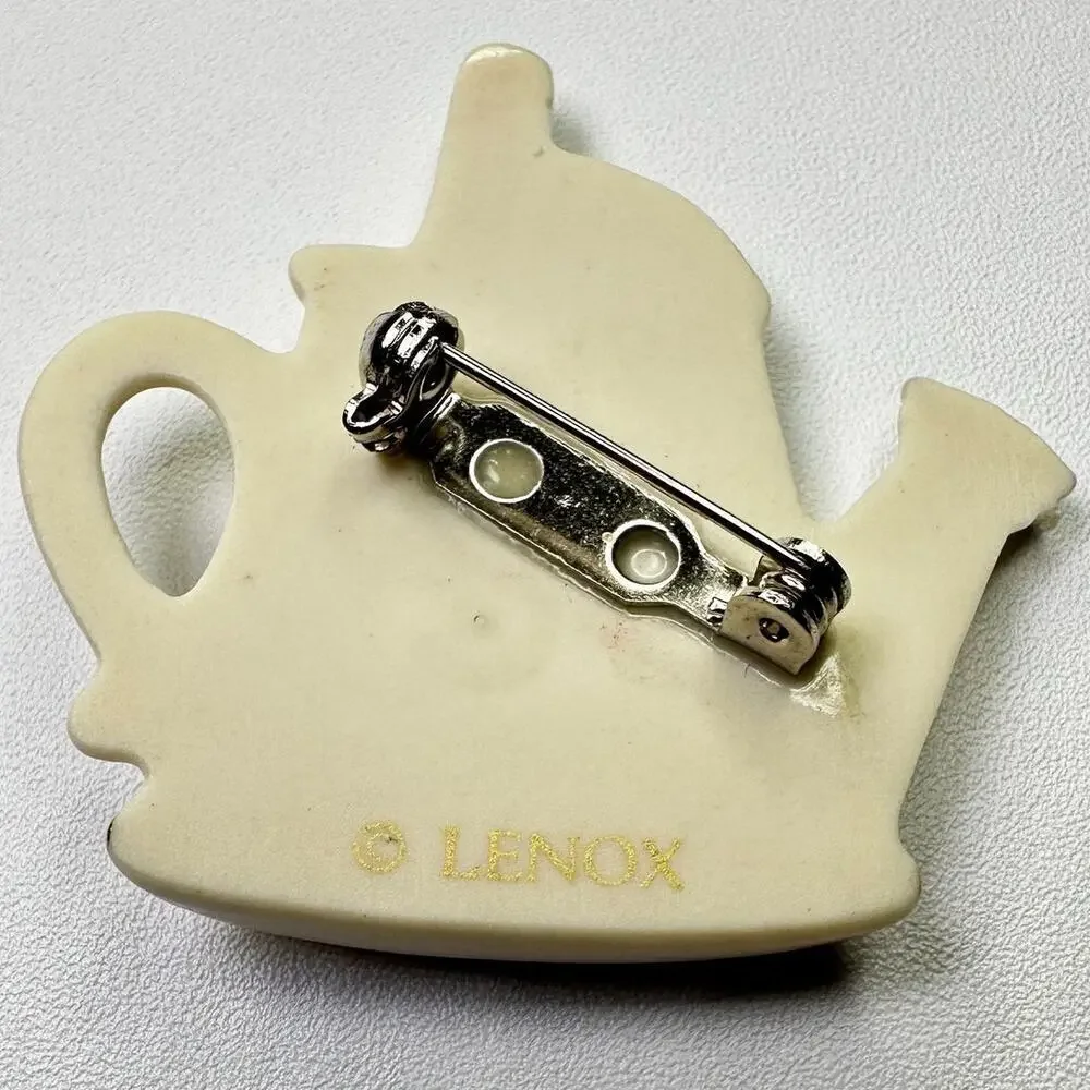 Vintage Lenox Porcelain Watering Can Brooch Floral Design Cream and Gold Tone